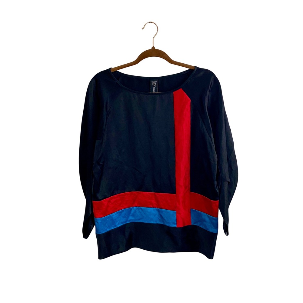 Zero Maria Cornejo Colorblock Top Size 8 Black Red Blue Triacetate Linen Blouse